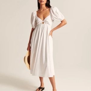 Abercrombie O-Ring Puff Sleeve Midi Dress White